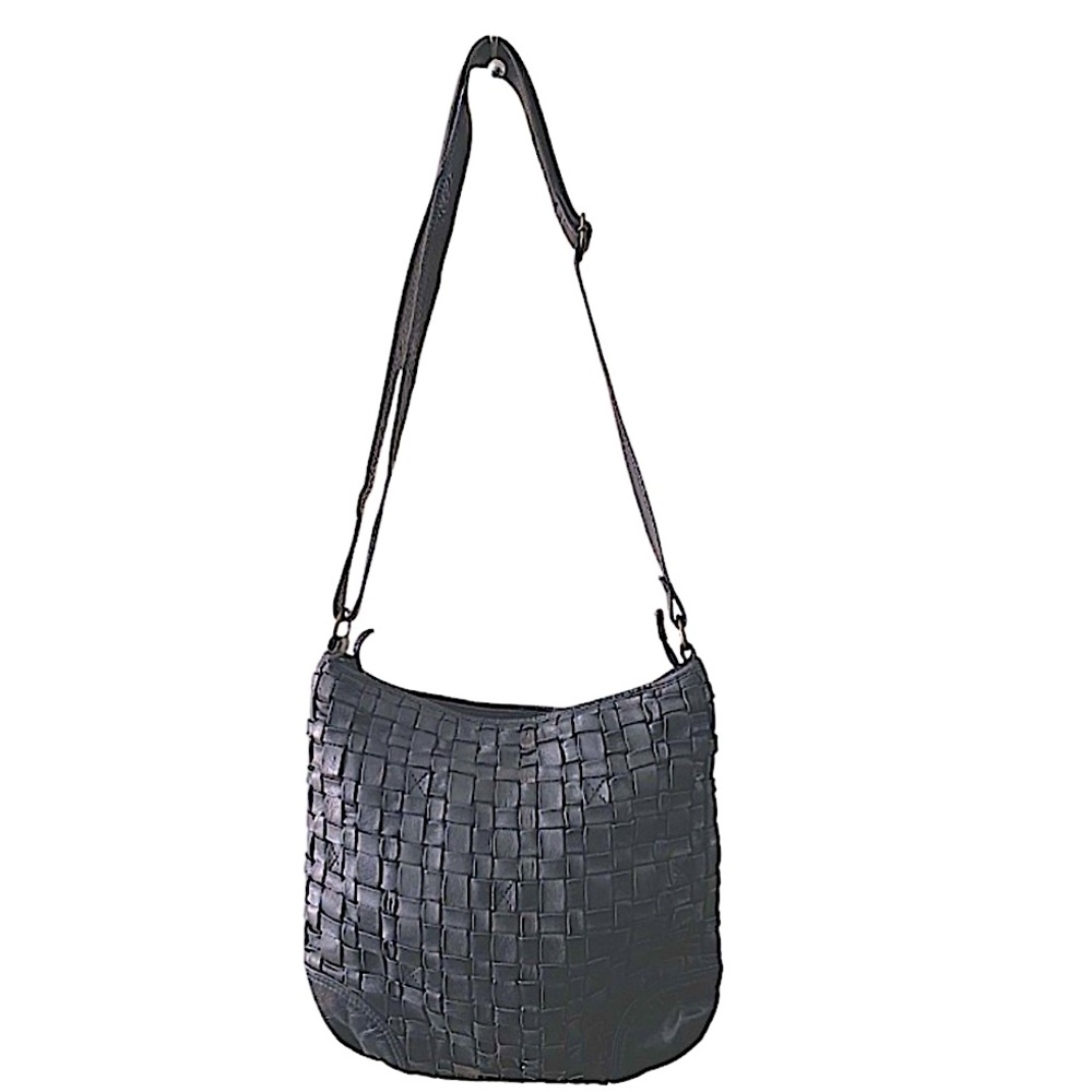Gianni Conti Black Woven Genuine Leather Crossbody Shoulder Bag